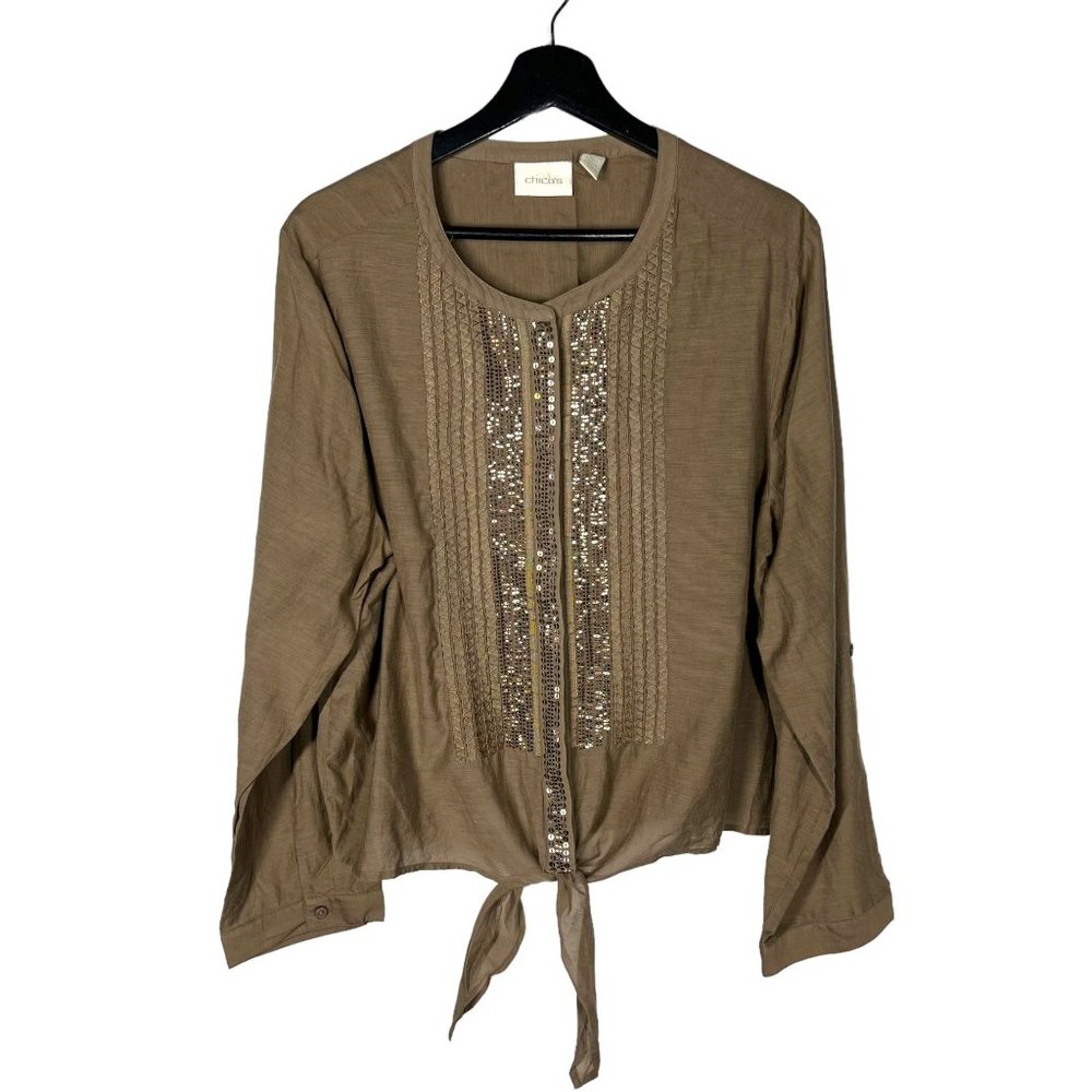 Chicos Brown Long Sleeve Sequin Tie Front Top 3 XL